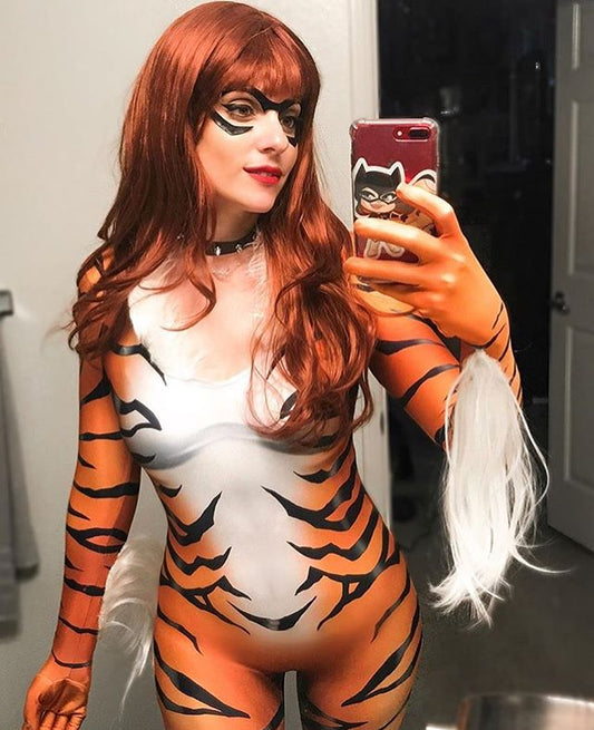 Halloween Girls Red Black Cat Cosplay Tiger Print Bodysuit