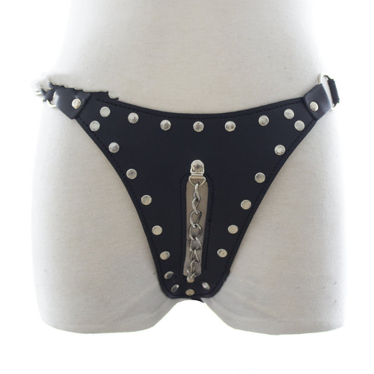 Black Leather Rivet Line Chain Panties Adult Chastity Belt