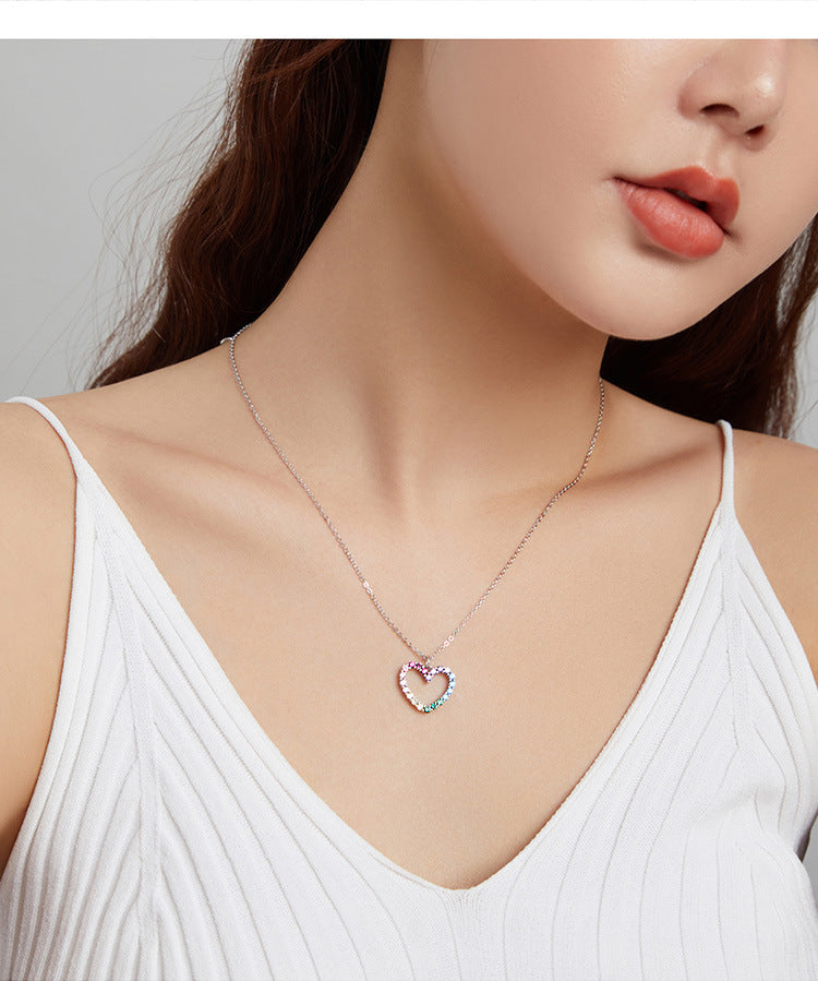 bamoer 925 Sterling Silver Rainbow Colorful Heart Pattern Love Dazzling Zircon Necklace Chain Link for Women Jewelry SCN449