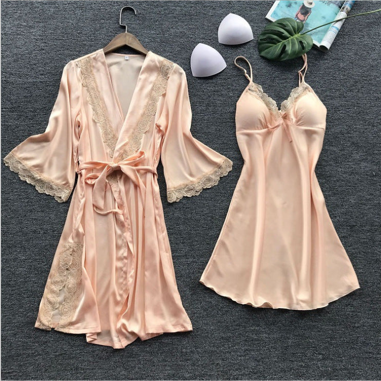 Silky Rose Lace Trim Nightgown Set