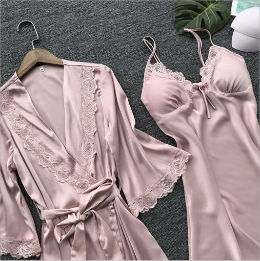 Silky Rose Lace Trim Nightgown Set