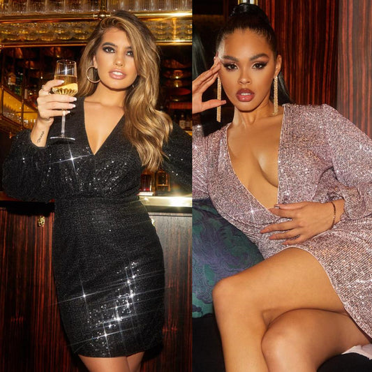 Slim Fit Sequined Bottoming Shirt Deep V Nightclub Party Dress
