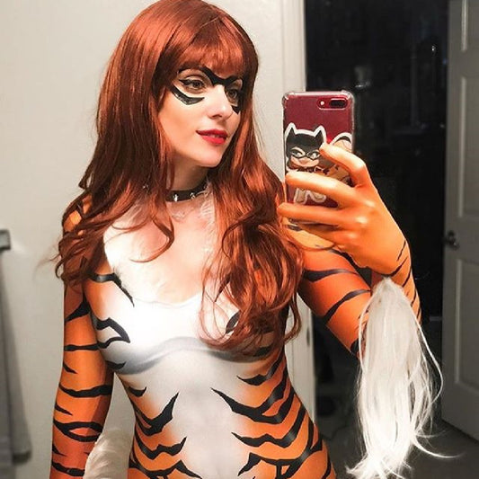 Halloween Girls Red Black Cat Cosplay Tiger Print Bodysuit