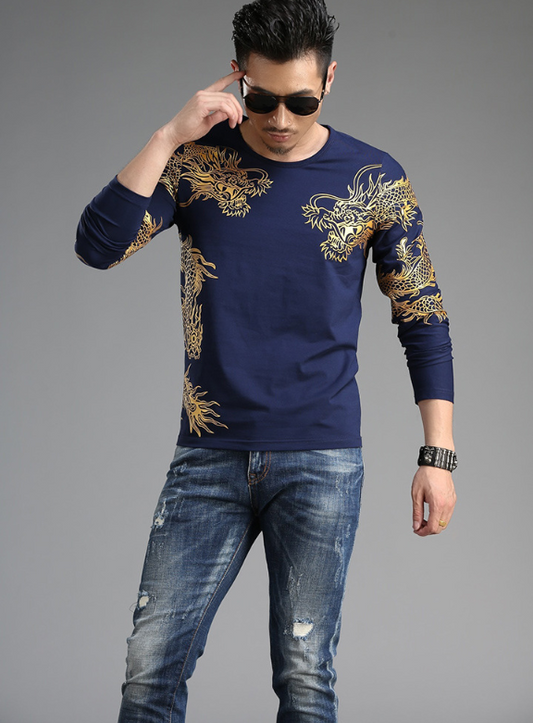 Chinese style  tide male Long sleeve t-shirt round neck Slim 3D dragon shirt Lycra cotton