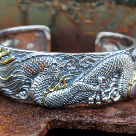Handmade Dragon Bracelet Shenlong Guardian Lucky Silver Retro Personality Domineering Opening