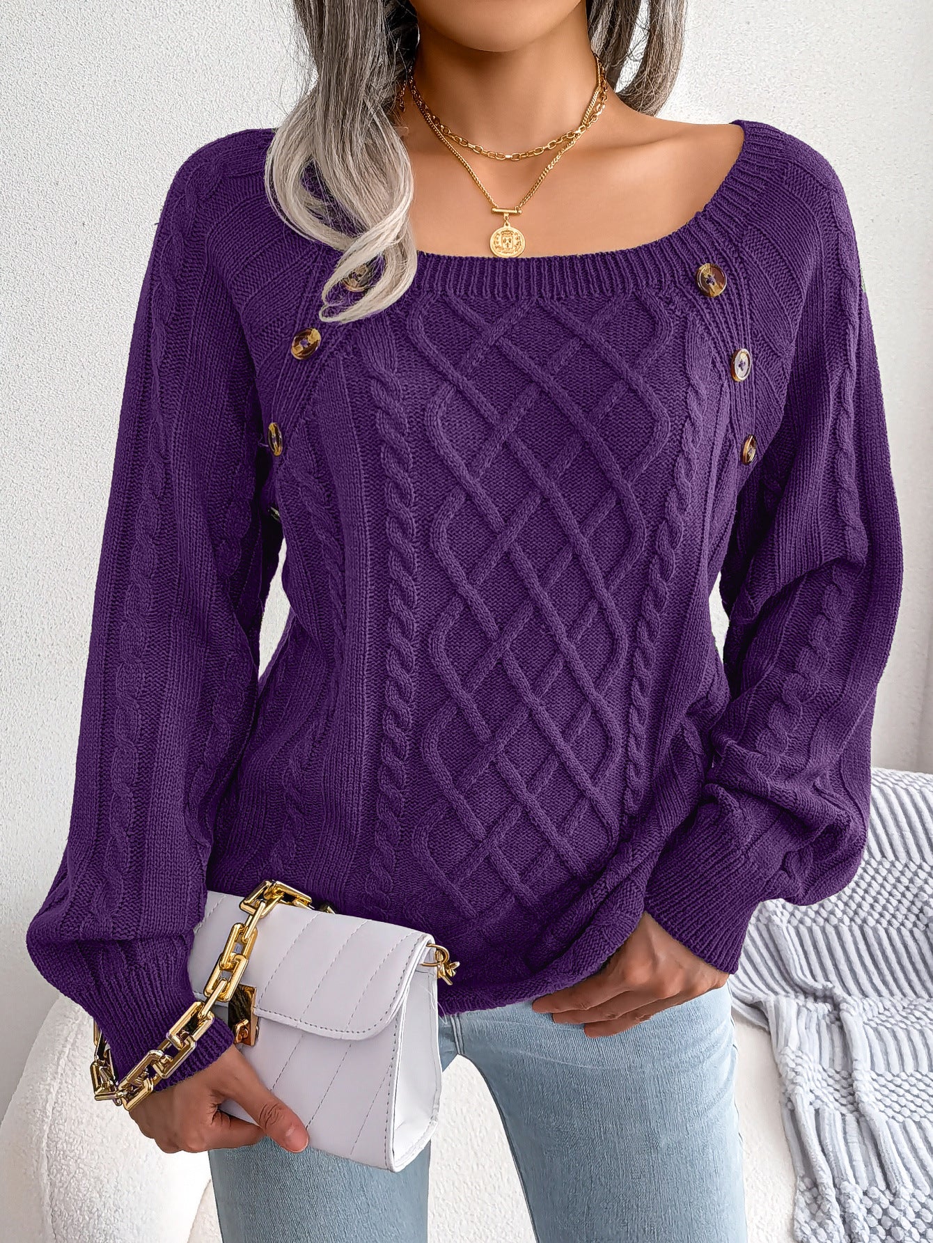 Square Neck Button Twist Knitting Sweater