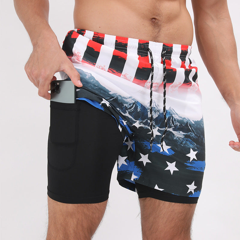 Gradient Printed Beach Shorts Double Layer Casual Sport Shorts