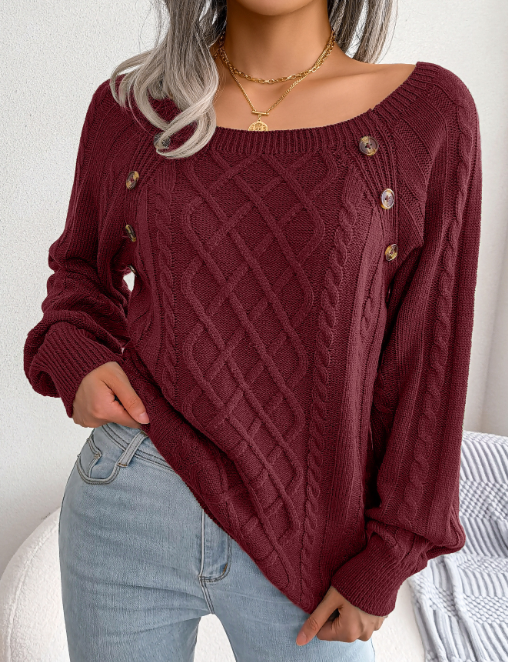 Square Neck Button Twist Knitting Sweater