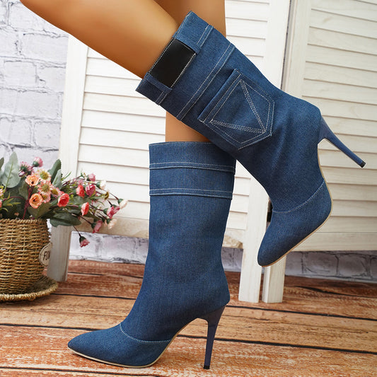 Pointed Toe Denim Stiletto Boots With Pocket Design