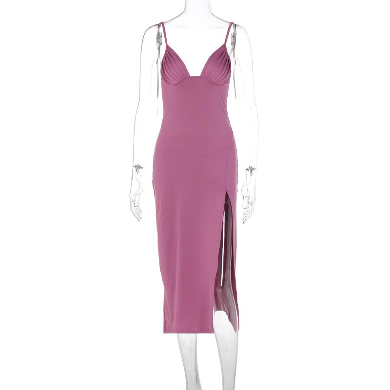 Spaghetti Strap Dress With Split Design Deep V-neck Sleeveless Backless Bodycon Party Dress