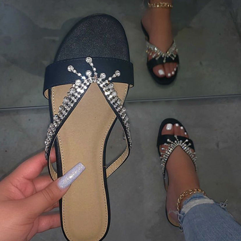 Hand-Beaded Flat Sandals With Diamonds