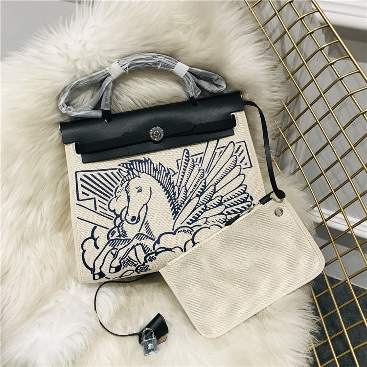 Pegasus Canvas Graffiti Leather Handbag
