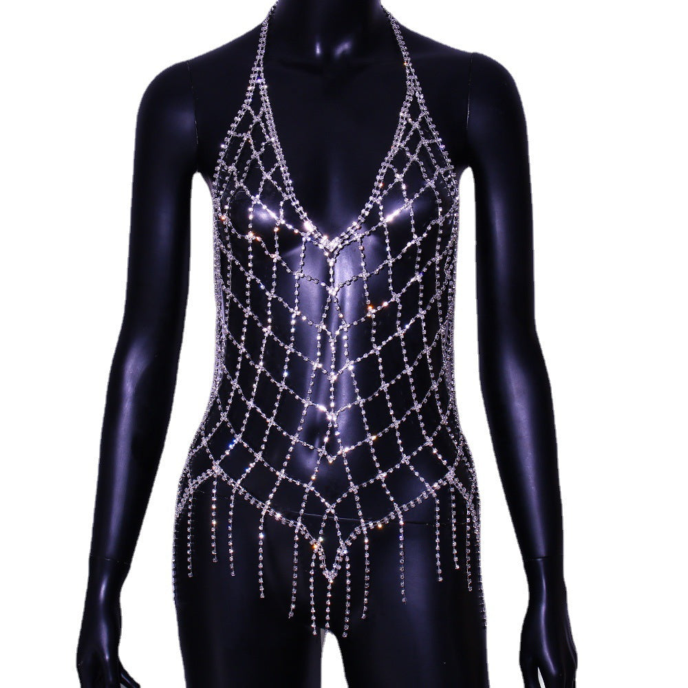 Ladies Mesh Fringe Body Chain Rhinestone Show Costume