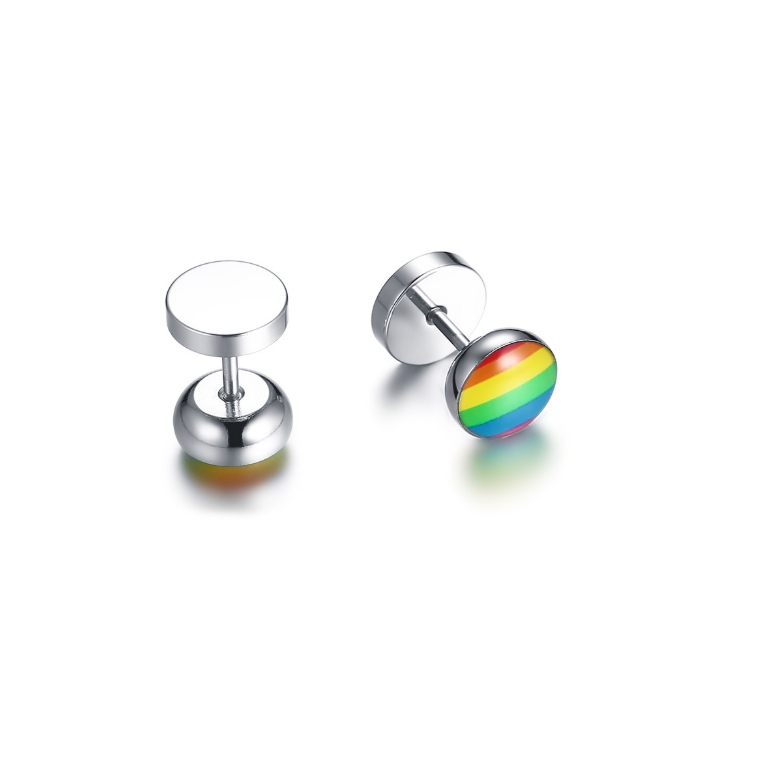 New Products Stainless Steel Round Dumbbell Rainbow Stud Earrings Black Steel