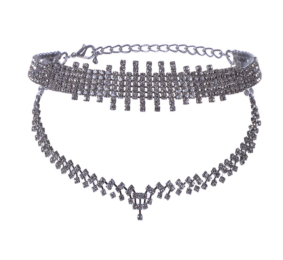 Rhinestone irregular double choker necklace necklace