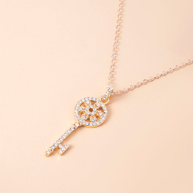 Gold Color Iced Out Crystal Key Pendant Necklace For Women
