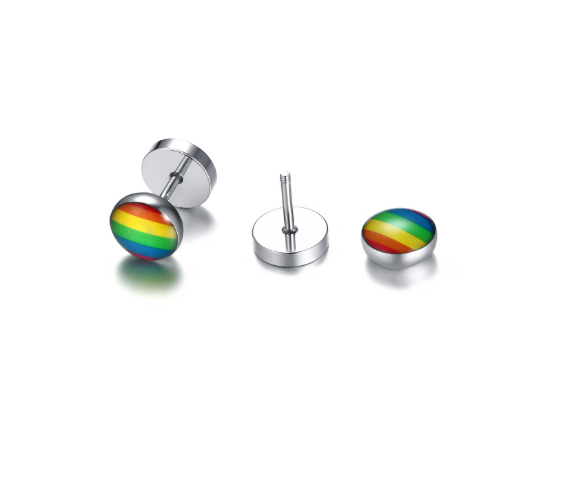 New Products Stainless Steel Round Dumbbell Rainbow Stud Earrings Black Steel