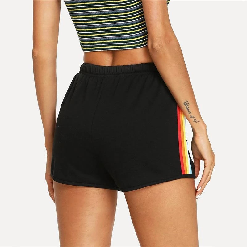 Women Rainbow Striped Elastic Shorts