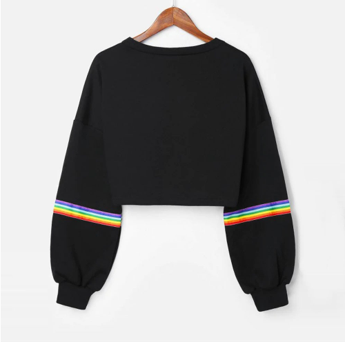 Long sleeve stitching rainbow strip round neck short section navel sweater