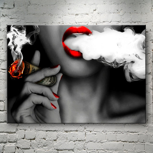 Sexy Red Lips Smoking Woman Vintage Decorative Painting