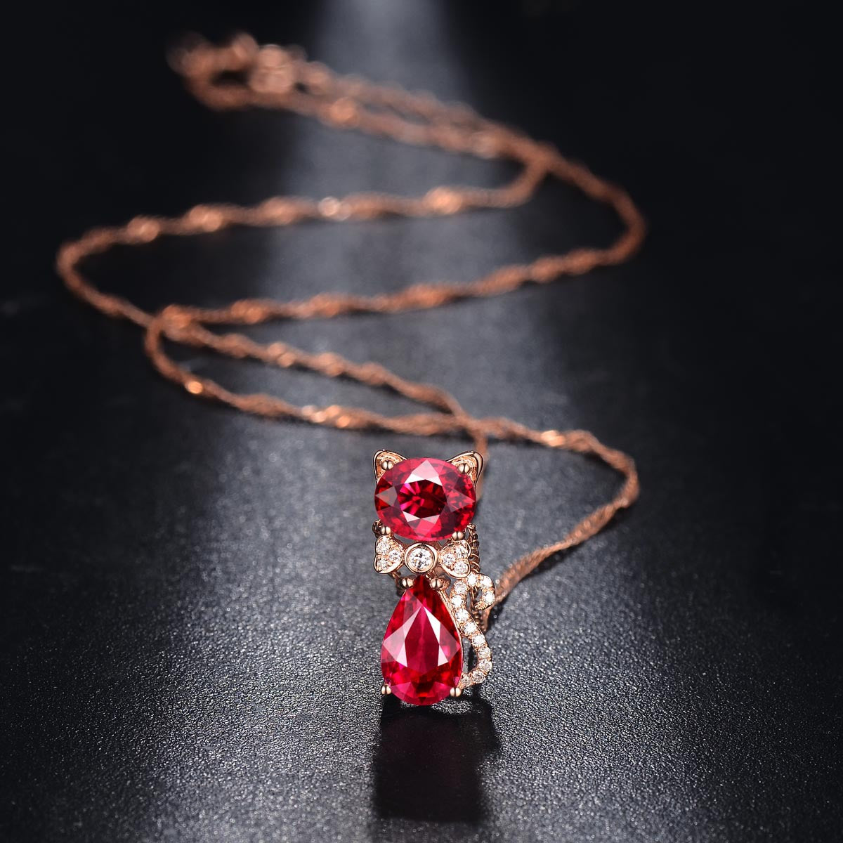 Cute Pet Kitten Rose Red Gem Color Treasure Pendant Female Clavicle Chain