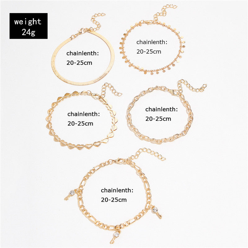 5 Pcs Women Fashion Gold Color Heart Crystal Key Anklets For Women Trendy Snake Chain Anklets For Women Foot Jewelry Gifts