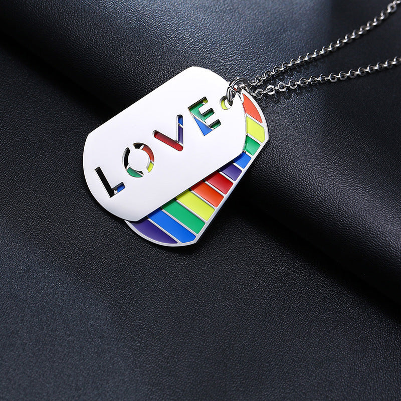 Two-Piece Titanium Steel Rainbow Homosexual Jewelry LOVE Pendant Necklace Europe