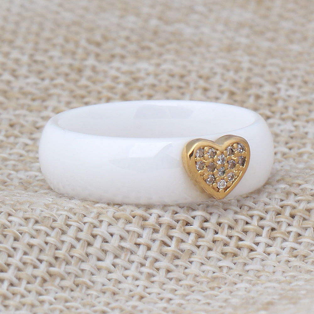Japan And South Korea Ceramic Micro-Inlaid Zircon Heart-Shaped Black And White Couple Titanium Steel Ring