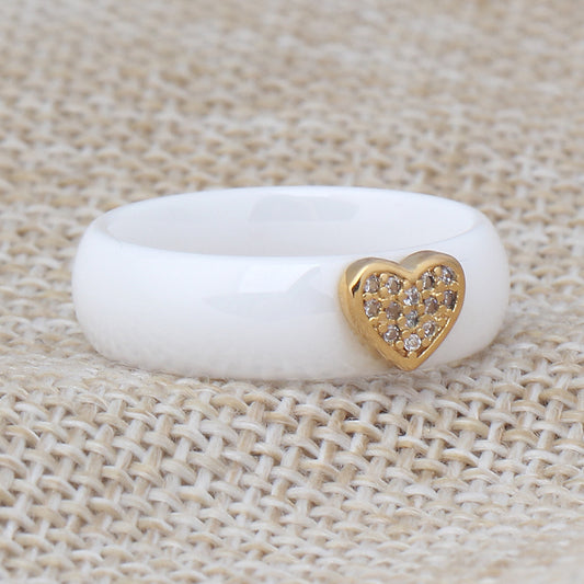 Japan And South Korea Ceramic Micro-Inlaid Zircon Heart-Shaped Black And White Couple Titanium Steel Ring