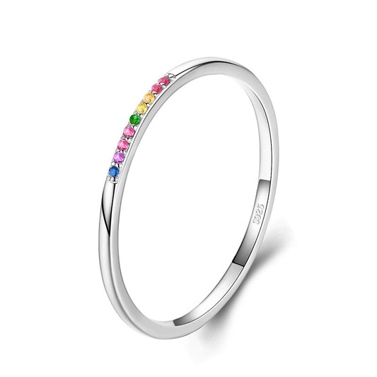 Simple And Versatile Sterling Silver Slender Rainbow Stone Ring Female Small Fresh Gypsophila Index Finger Ring