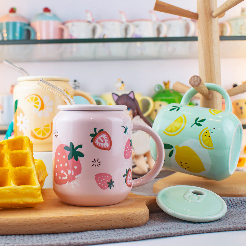 Ceramic Water Cup With Lid Spoon Cute Fruit Summer Straw Coffee Cup