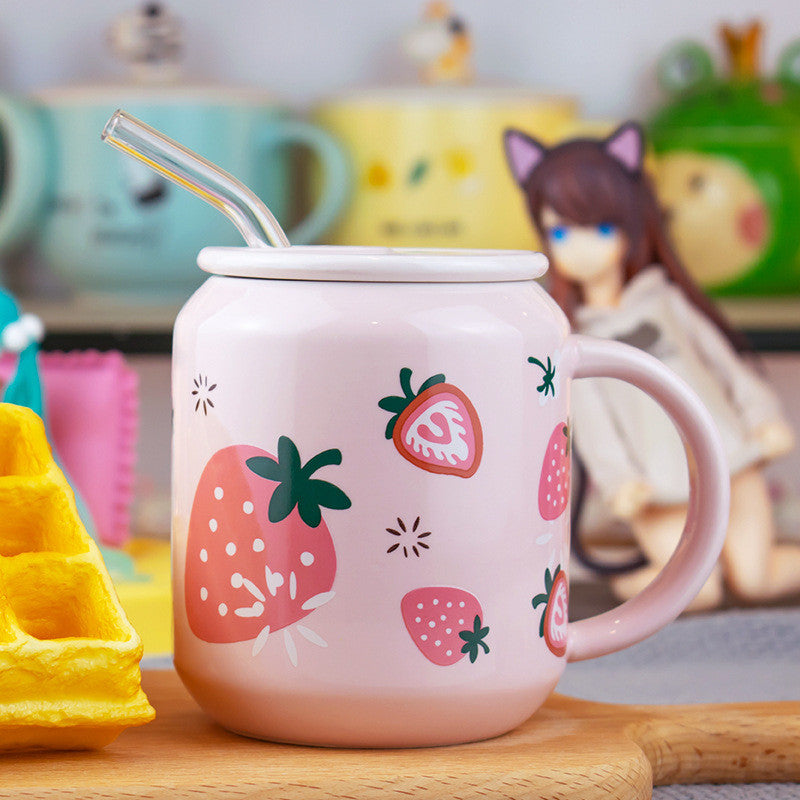 Ceramic Water Cup With Lid Spoon Cute Fruit Summer Straw Coffee Cup