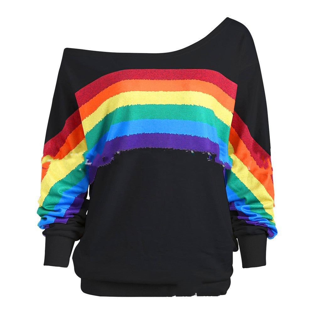 Rainbow Print Off-the-Shoulder Long-sleeve Tops