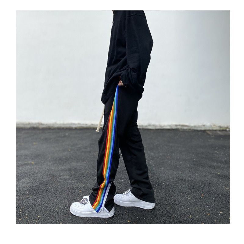 Side Rainbow Zipper Casual Pants Fall Feeling Split Straight Drawstring Trendy Sports Pants Men