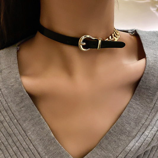 FYUAN Golden Chain Choker Necklaces for Women Short Black Leather Button Necklaces Statement Jewelry