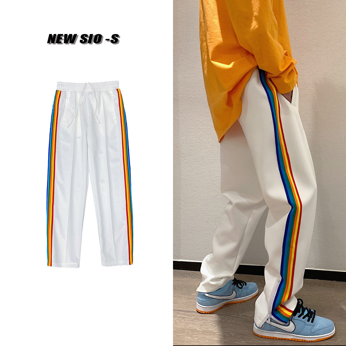 Spring Daily Casual Sports Pants Men And Women Side Zipper Rainbow Striped Long Pants