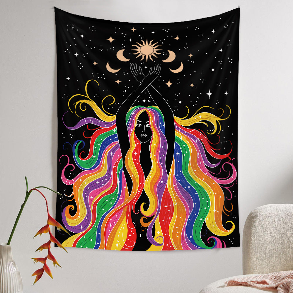 Rainbow Girl Tapestry Sun Moon Star Wall Cloth