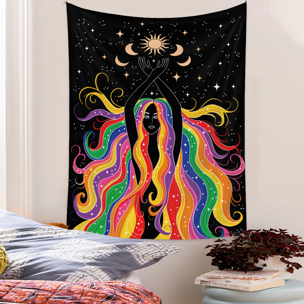 Rainbow Girl Tapestry Sun Moon Star Wall Cloth