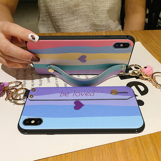 Apple 12 Mobile Phone Case Gradient Color Rainbow Love Wrist Support With Pendant Protective Cover