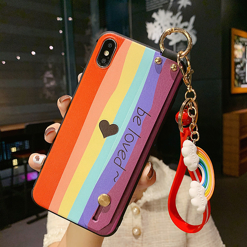 Apple 12 Mobile Phone Case Gradient Color Rainbow Love Wrist Support With Pendant Protective Cover