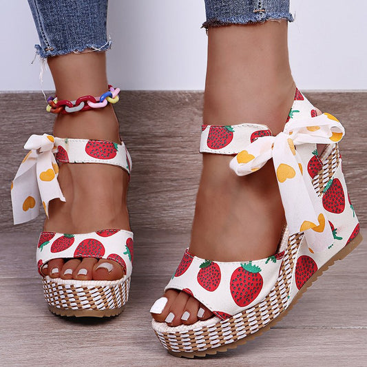 Fruit Pattern Word Fish Mouth Bow Women's Shoes