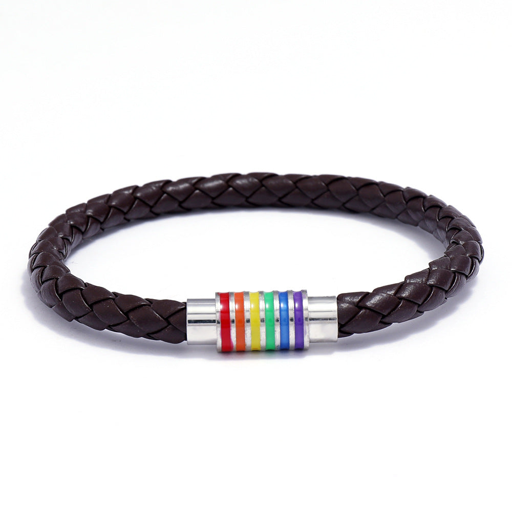 Woven Leather Bracelet Rainbow Colorful Fashion Magnetic Bracelet