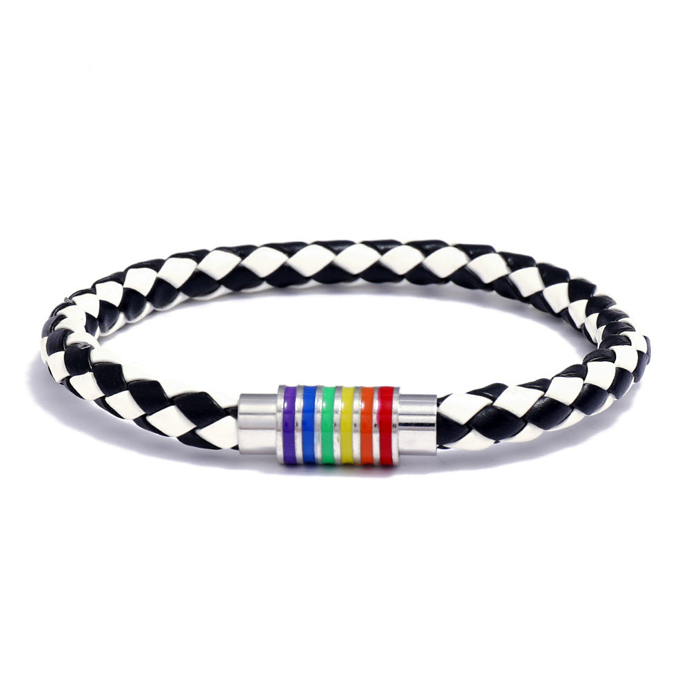 Woven Leather Bracelet Rainbow Colorful Fashion Magnetic Bracelet
