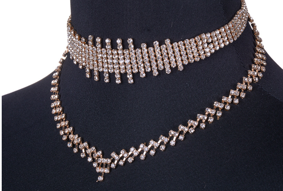 Rhinestone irregular double choker necklace necklace