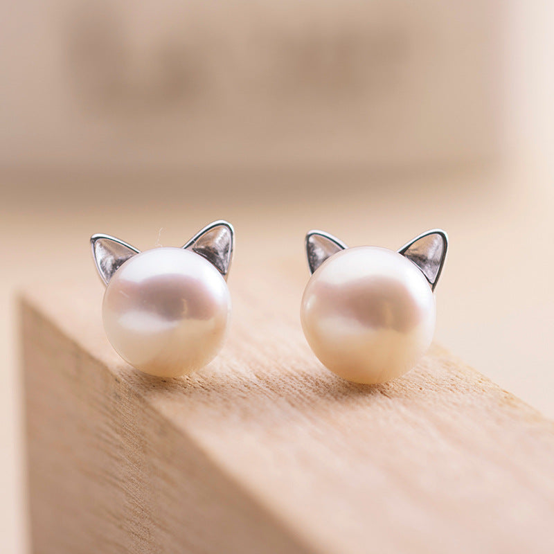 S925 silver simple original craft kitten hollow pierced earrings