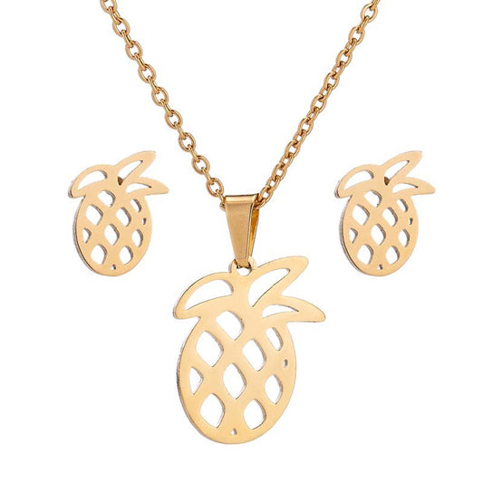 Simple Hollow Out Pineapple Fruit Jewelry Earrings Necklace Stainless Steel Jewelry Set