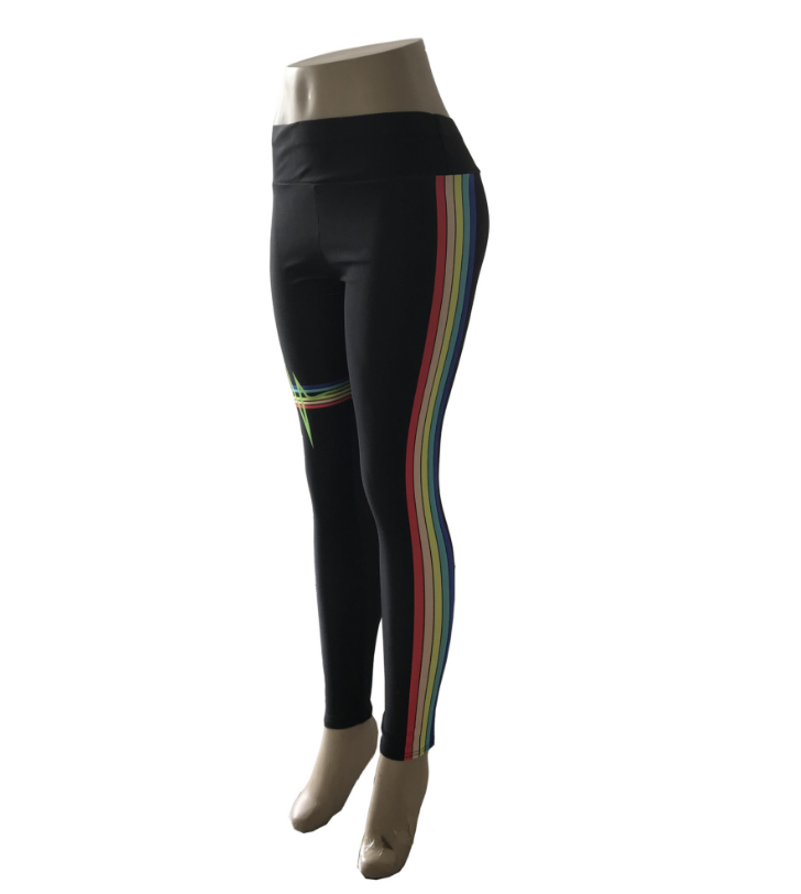 Side Rainbow Stripe Digital Print Yoga Leggings Elastic Slim Sweatpants