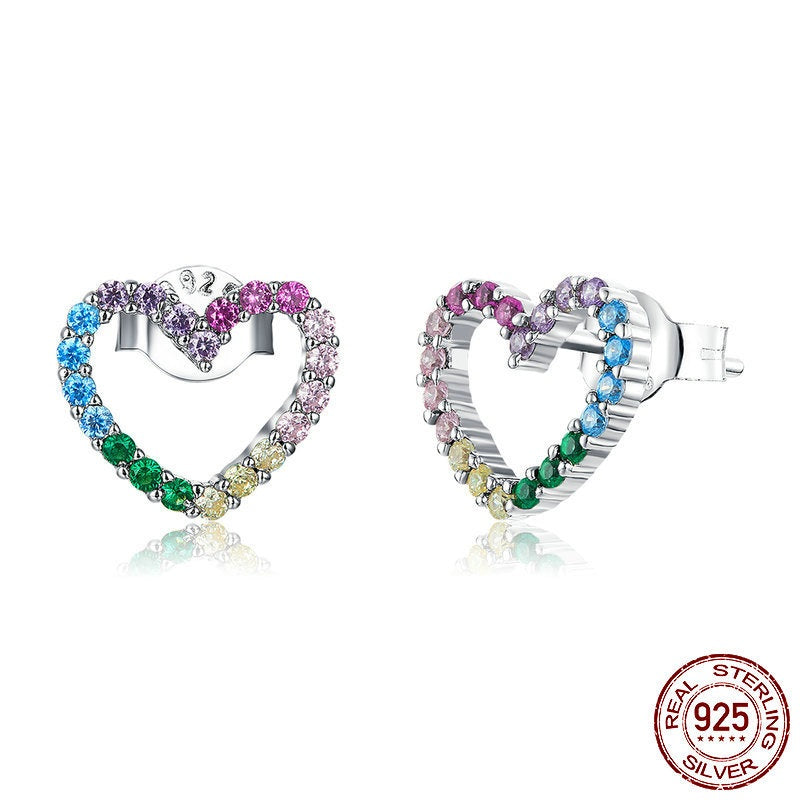 bamoer 925 Sterling Silver Rainbow Colorful Heart Pattern Love Dazzling Zircon Necklace Chain Link for Women Jewelry SCN449