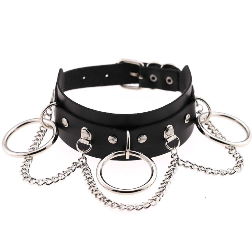 European and American style personality exaggerated PU leather collar necklace Punk street shooting nightclub O-ring chain clavicle chain neck collar