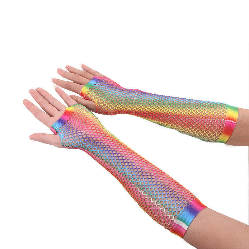 Rainbow Color Sexy Fishnet Half-finger Long Net Gloves